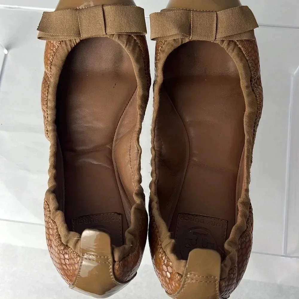 Tory Burch Leather/Fabric Bow Accent Ballet Slip-On Flats Brown Tan Size 9M